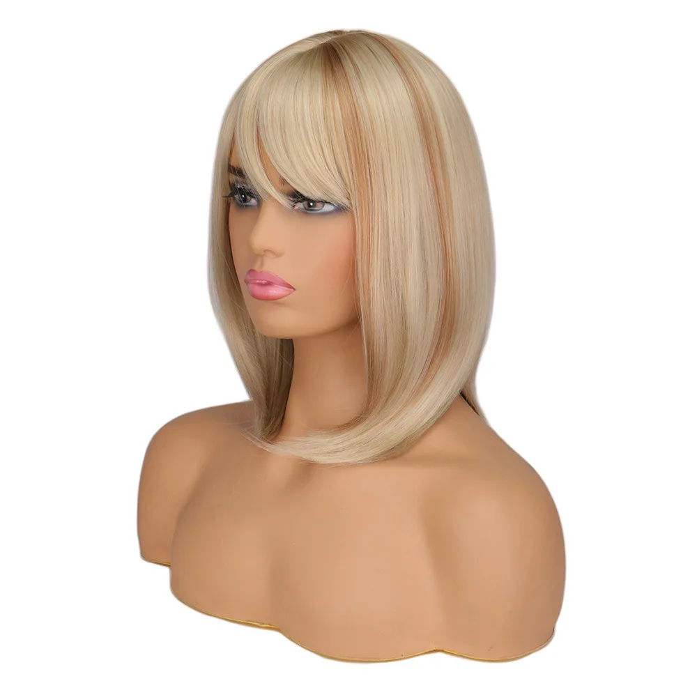 Synthetic Wigs with Bangs Straight Short Highlights Blonde Hair Wig with for Women Natural Daily Cosplay Wigs
