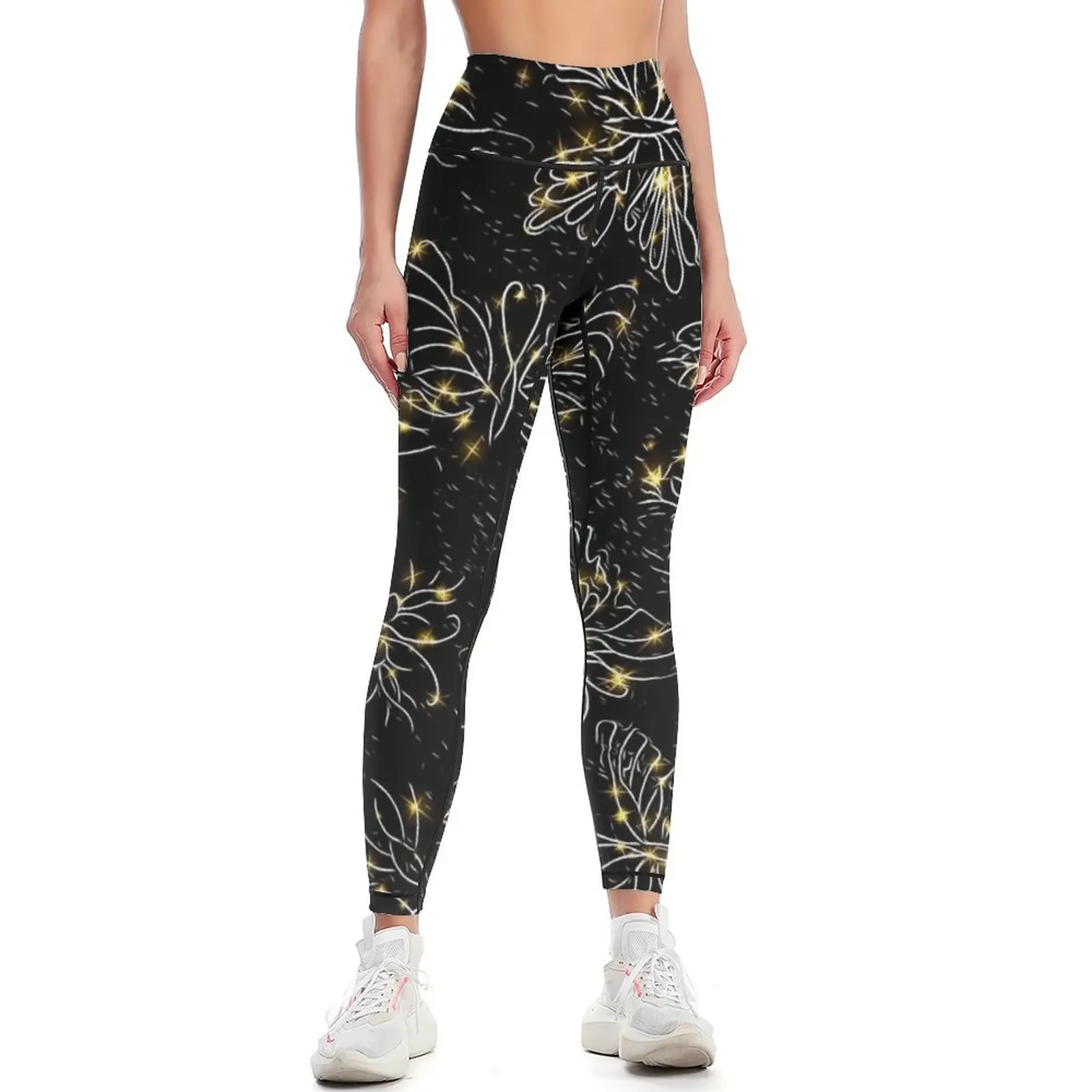 

Midnight Fireflies in Black and White Leggings Clothing fitness Women's sports Fitness clothing for girls Womens Leggings