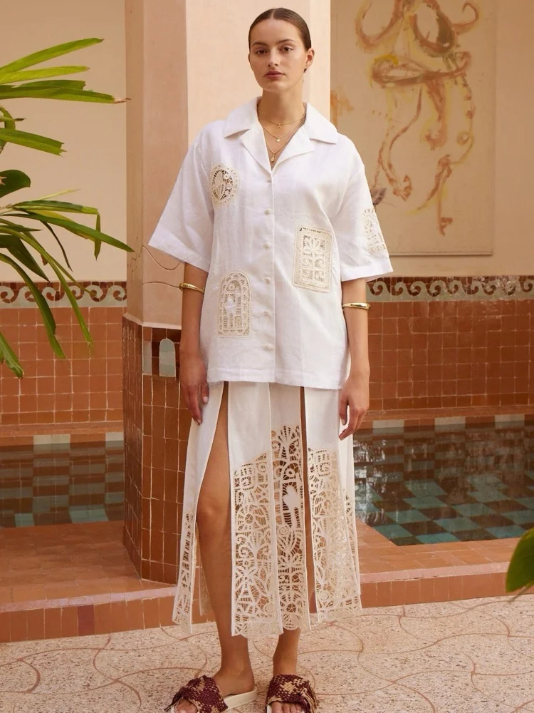 

Susan Linyi Australia Small Vacation Flax Short Sleeve Embroidered Shirt Half Skirt Set Women's Fashion Spring Two-Piece Set
