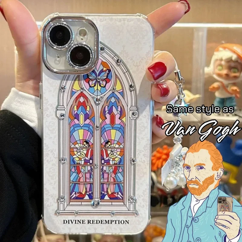 Silicone Soft Cover Van Gogh Style Fashion Religious Church Dyed Shiny Diamond Glass Film IPhone Case 15 14 13 12 11 Pro Max