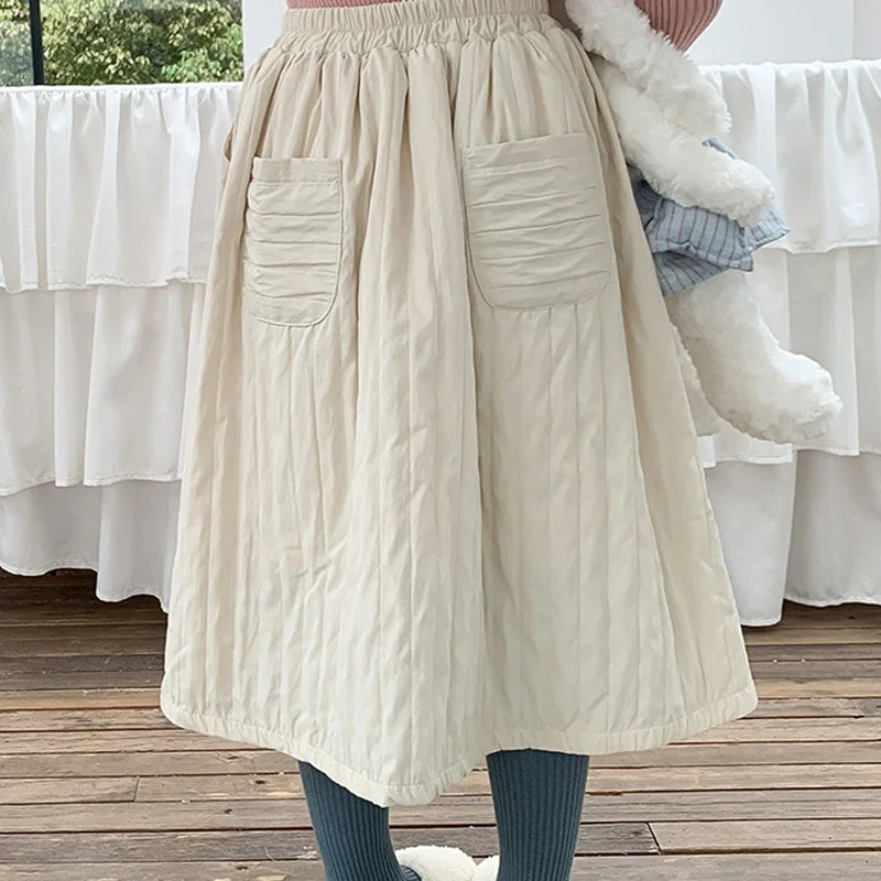 2025 Winter Children'S Plush Skirt Girl'S Korean Japanese Fashion Double Layered Thickened Half Skirt Stripe Panel Pocket Skirt