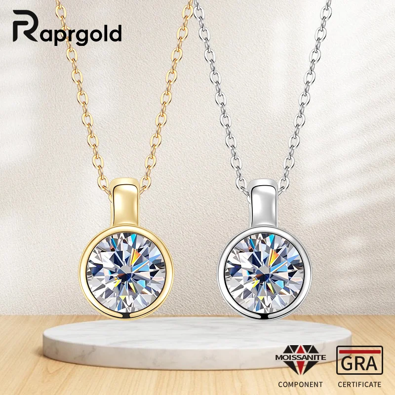 

RAPRGOLD 2.0CT Round Cut Moissanite Solitaire Pendant Necklaces for Women S925 Sterling Silver Chains Fine Jewelry Gifts Collar