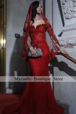 Bespoke Red Prom Dress 2026 With Veil Luxury For Black Girl Matric Dance Crystal Party Dress Mermaid Evening Gowns Customized
