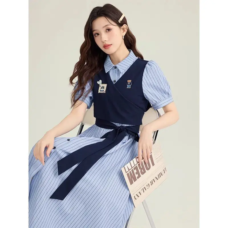 MAGOGO الصيف الفرنسية كلية نمط مخطط قميص فستان المرأة السببية Kawaii التطريز وهمية قطعتين المرقعة فستان طويل نحيف