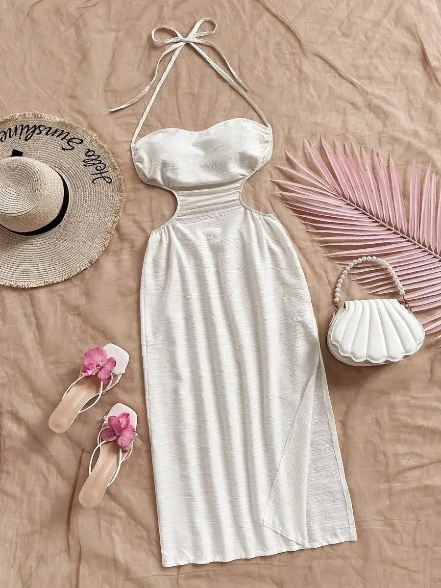 Womens White Halter Neck Midi Dress with Cutout Waist and High Slit, Backless Summer Vacation Party Gown