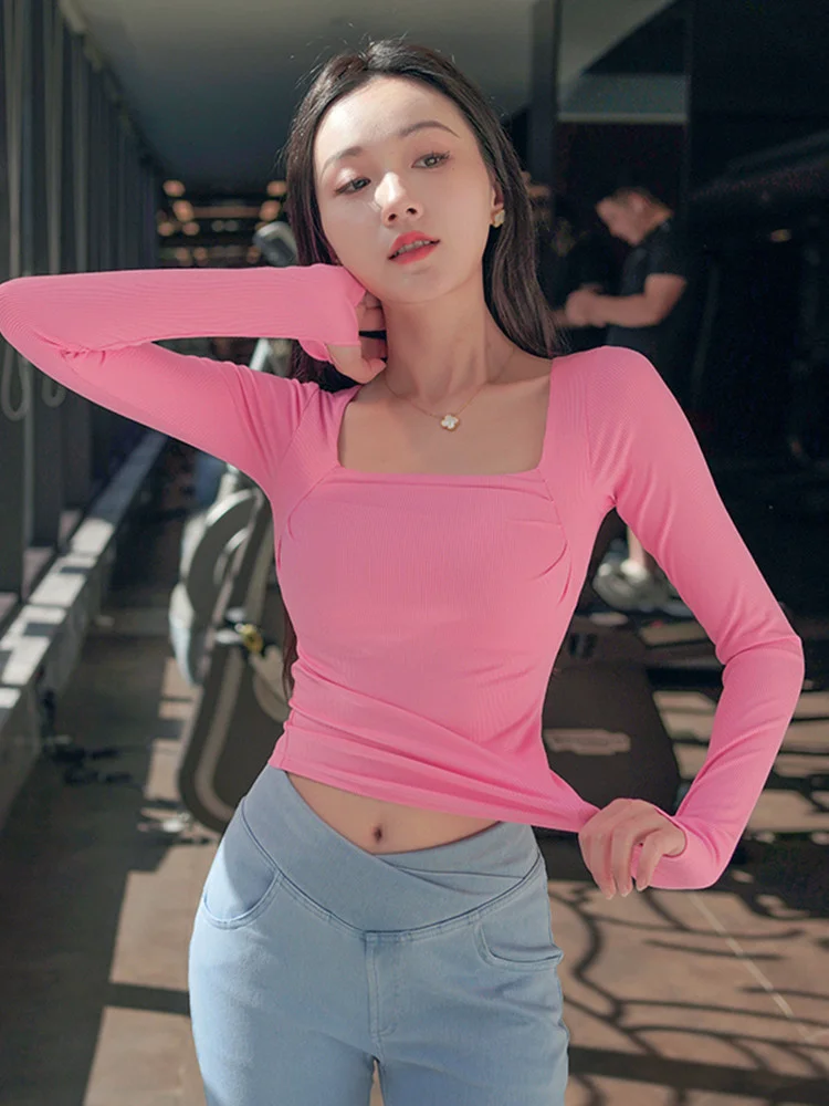 

Женский топ для йоги с подкладкой для груди, облегающая одежда для фитнеса, цельная футболка с длинным рукавом и квадратным вырезом, быстросохнущая, осень-зима, новинка