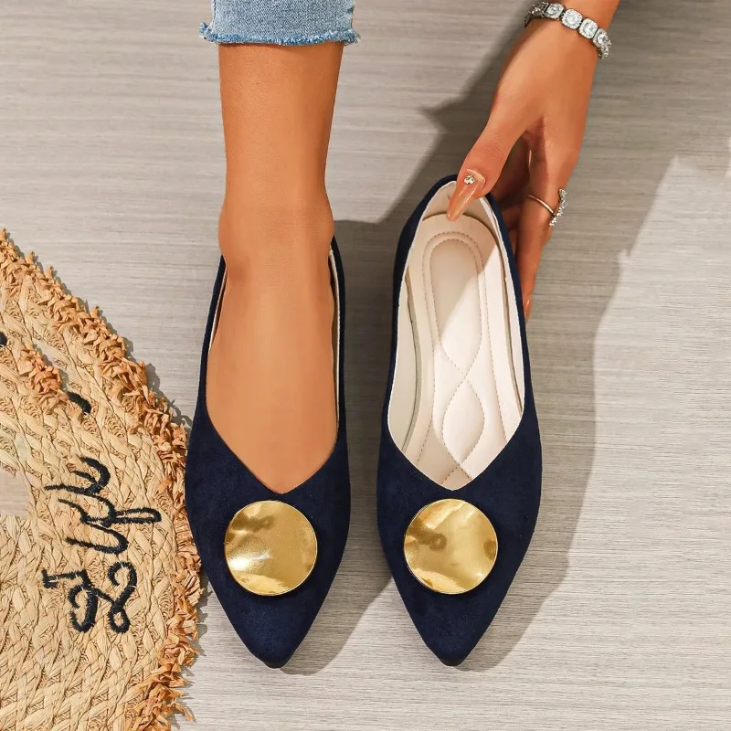 French Niche Fine Order Shoes for Women, 2026 New Pointed Shallow Mouth Metal Buckle Soft Leather Soft Low Shoes