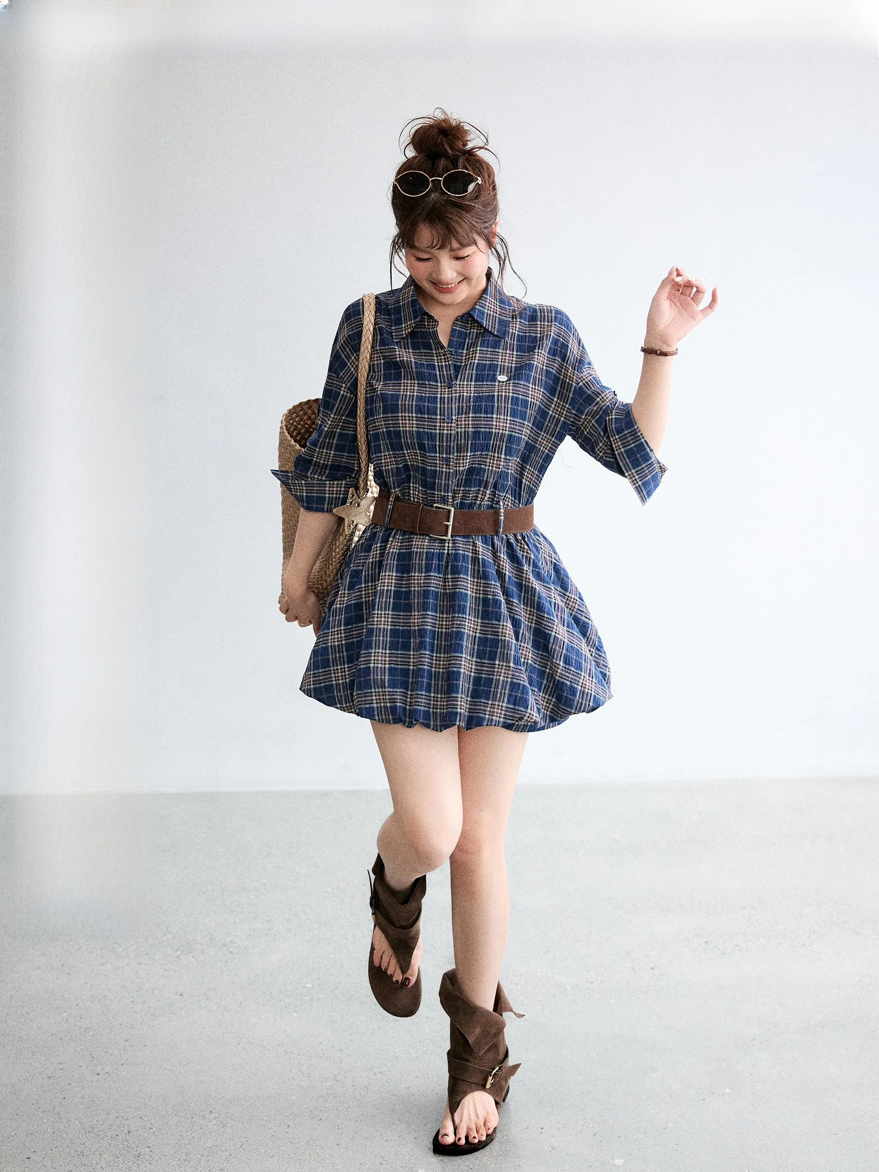 

Retro Plaid Shirt Dress Set plus Size Women's Clothing Comfortable Cotton Polyester Blend Short A-Line Skirt Summer Outfit