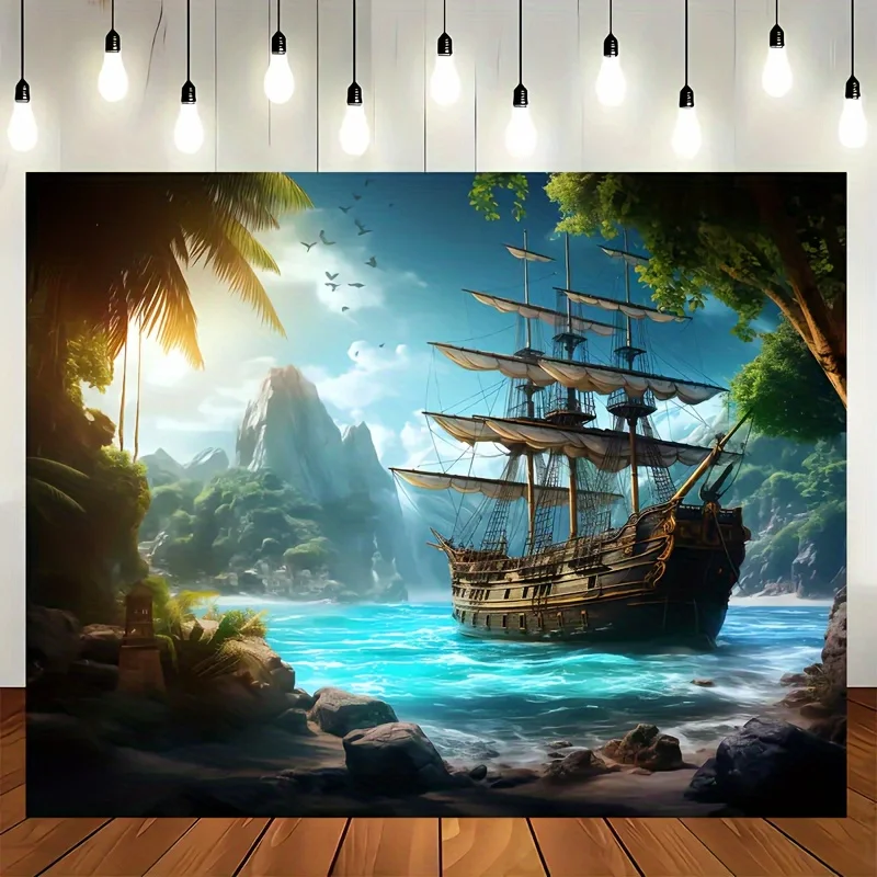 1 Stück Meerblick Piratenschiff Foto Hintergrund Wand Polyester Wandteppich, Wohnzimmer, Schlafzimmer, Büro, Partydekoration
