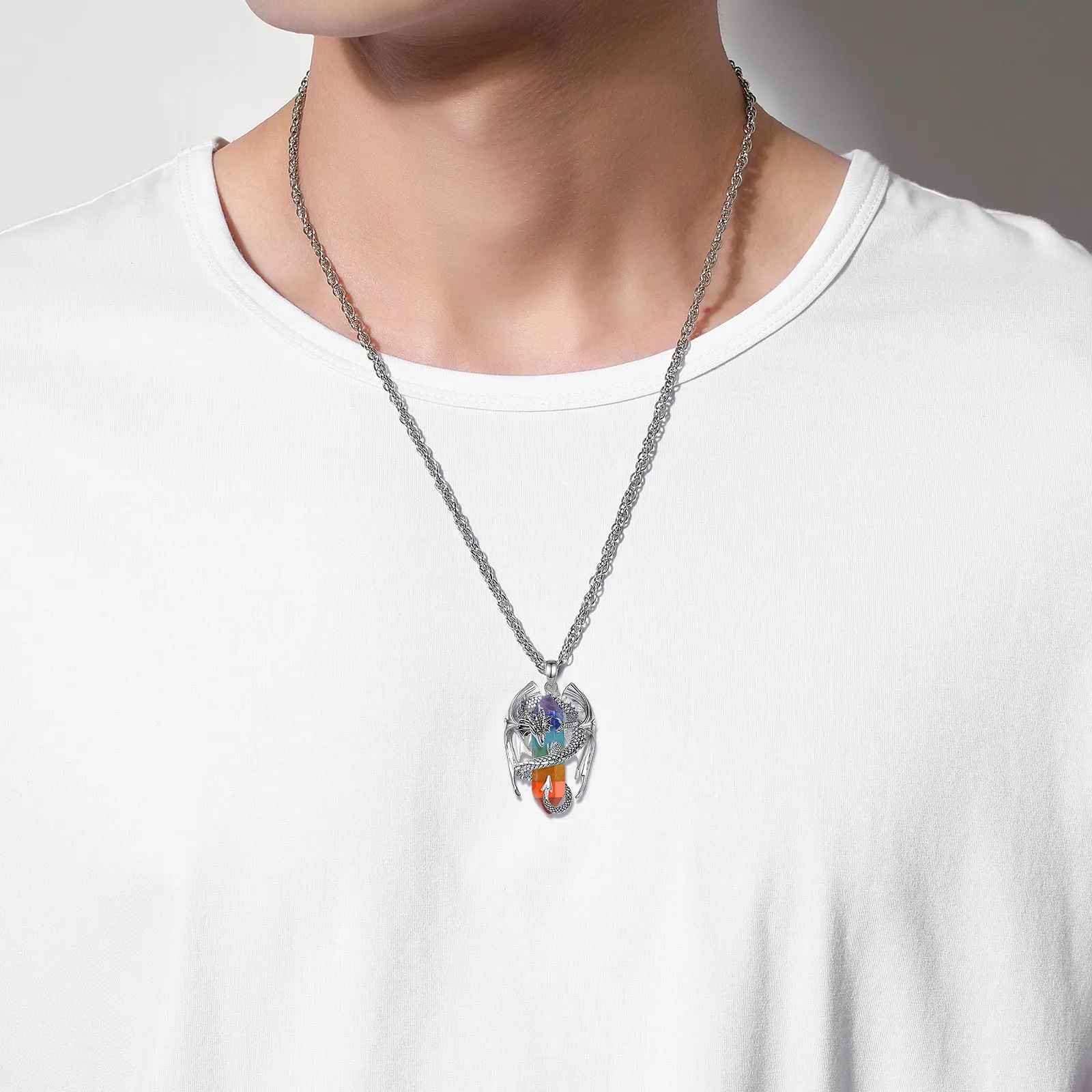 Eudora Dragon Twining Hexagonal Amethyst Prismatic Necklace 7 Color Chakra Healing Stone Crystal Pendant Spiritual Jewelry Gift