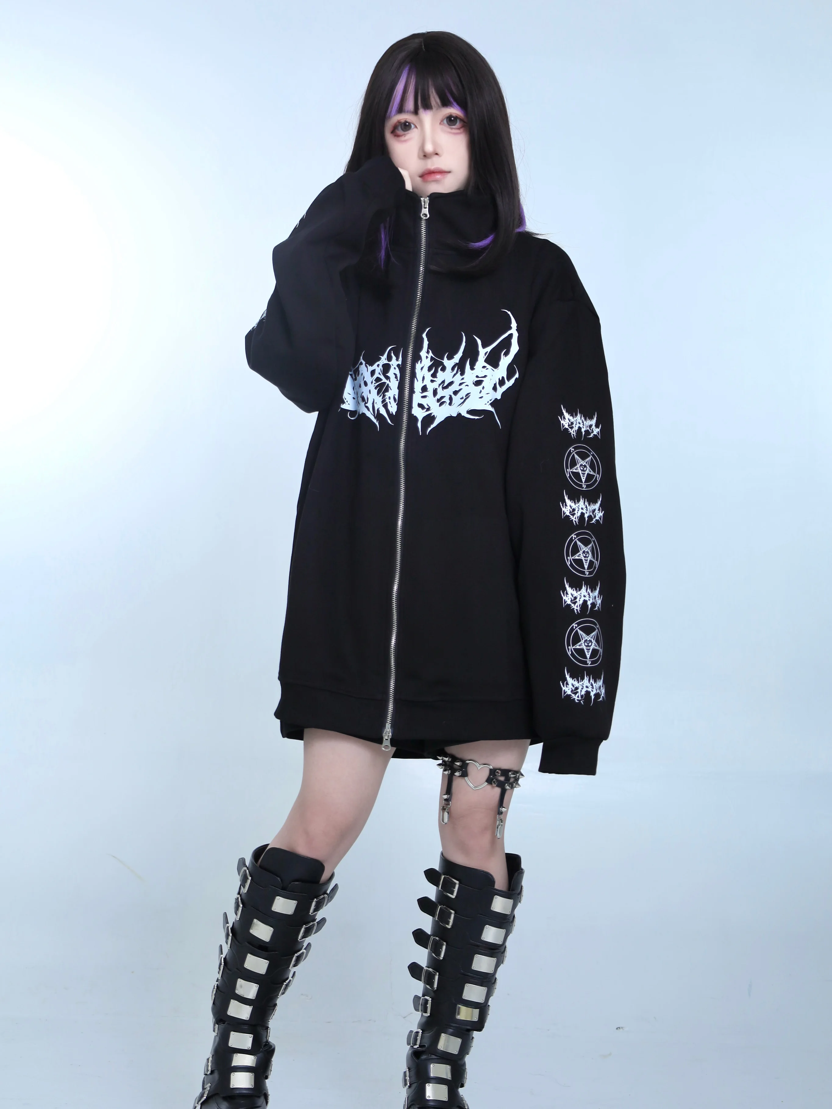 Japanese Mine Subculture Gothic Punk Harajuku Half Turtleneck Long-Sleeve Zipper Warm Fleece Sweatshirt Women Spring Autumn