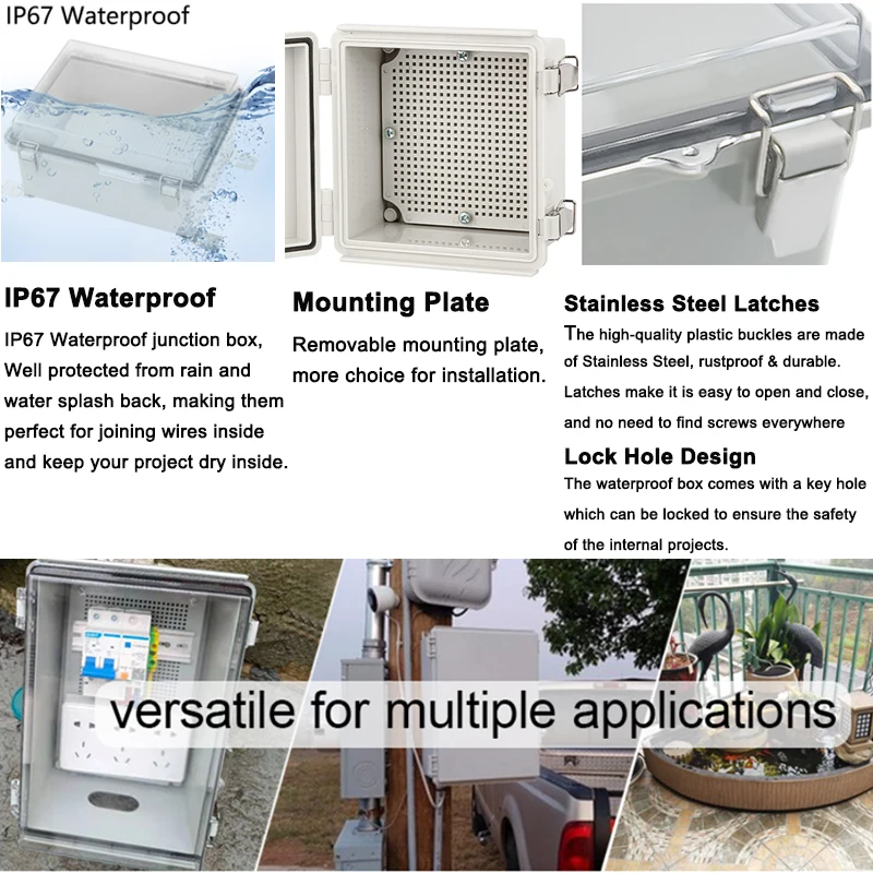 Gesp Junction Box IP67 Waterdichte Elektrische Scharnierende Clear Cover Rvs Klink Plastic Project Behuizing Montageplaat