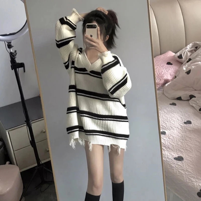 

Корейские свободные вязаные пуловеры с v-образным вырезом и кисточками, осень-зима, полосатые свитера с длинными рукавами, повседневная модная женская одежда