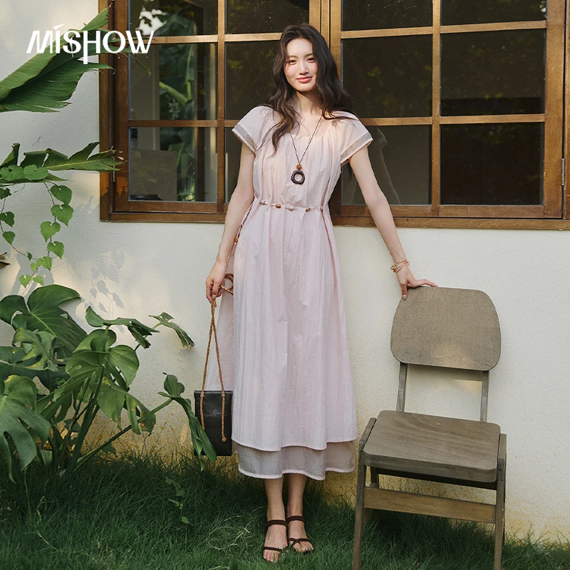 MISHOW Pink Square Neck Short Sleeve Dresses Summer Drawstring Waist Double Layer Irregular Hem Vacation Midi Dress MXF20L2775