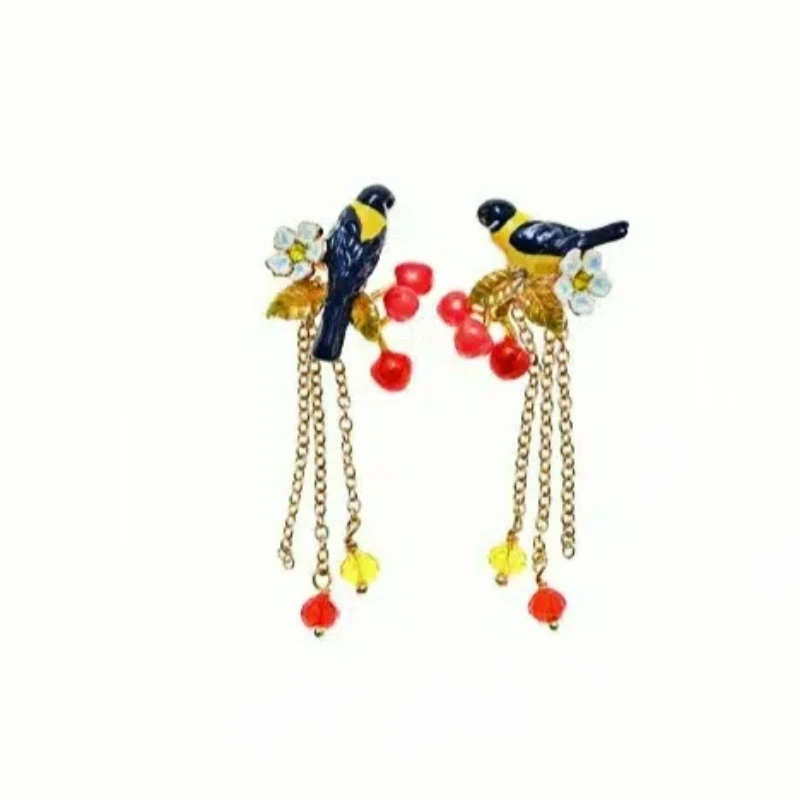 

Trendy Hand-painted Enamel Simple Small Blue Flowers Cute Birds Red Fruit Charms Creative Design Fringe Asymmetrical Earrings