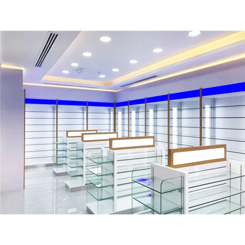 custom.Retail Pharmacy Shop New Interior Design Glass Shelf Stand Gondola Custom Pharmacy Shelves Store Fixtures