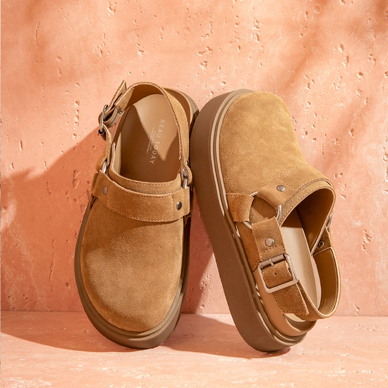 BEAUTODAY Casual Sandals Women Cow Suede Leather Flats Metal Ring Roud Toe Back Strap Ladies Outdoor Shoes Handemade 38276