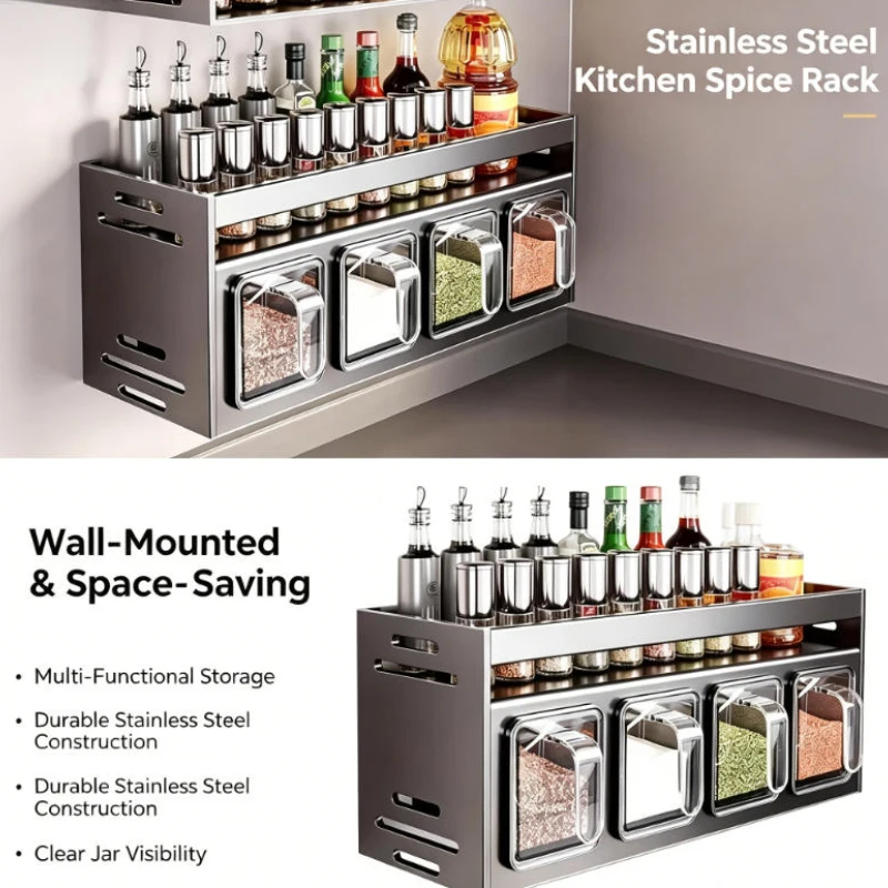 Wall Mounted Stainless Steel Spice Rack, Multi-functional Kitchen Storage, Seasoning Jar Organizer Box for Home Kitchen Daily Us