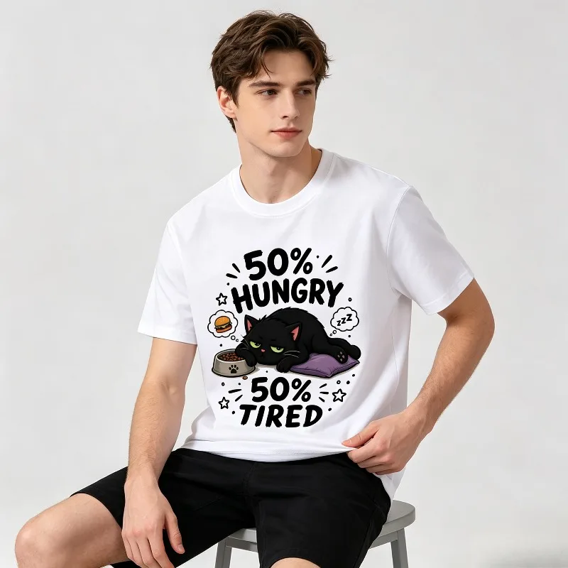 Casual Short Sleeve T-Shirt 50% Hungry 50% Tired Lazy Black Cat Graphic Unisex Summer Soft Loose Funny Pet Lover Basic Tee