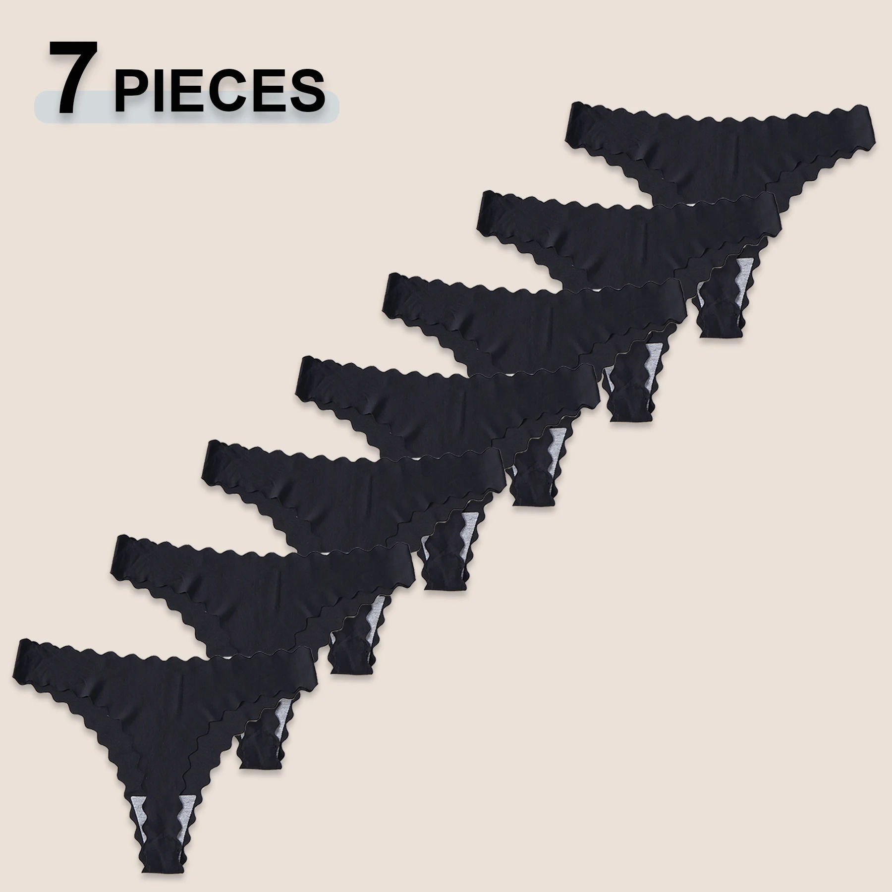 Lot de 7 strings noirs sans couture à bords ondulés pour femmes, sous-vêtements de bikini sexy à taille basse, ultra-fins, confortables et respirants