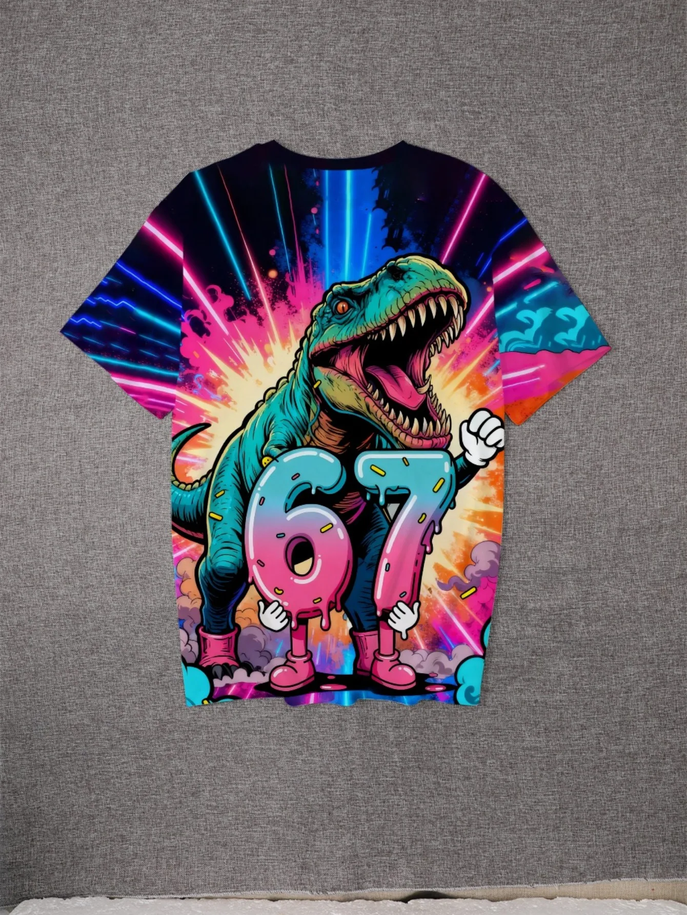 Children Fashion Cartoon Dino 67 Print T‑Shirt, Boys Vibrant T‑Rex Neon Art Short Sleeve Crew Neck Casual Daily Tee