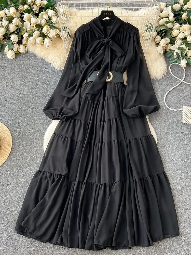 Women Autumn Dress French Vintage Leisure Time Bowtie Lace Up Lantern Long Sleeve Waist Wrapped Chiffon Slim Style Dress D4346