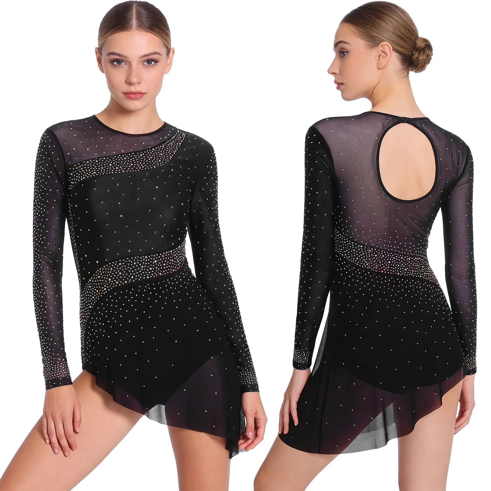 

Women Sheer Mesh Jersey Leotards Gymnastics Figure Skating Lyrical Dance Costume Dress Side Split Glittery Rhinestones Dresses