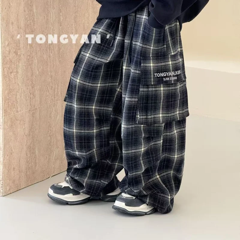 

Boys Pants 2025 Autumn New Korean Version of Children's Plaid Pants Children's Loose Casual Overalls