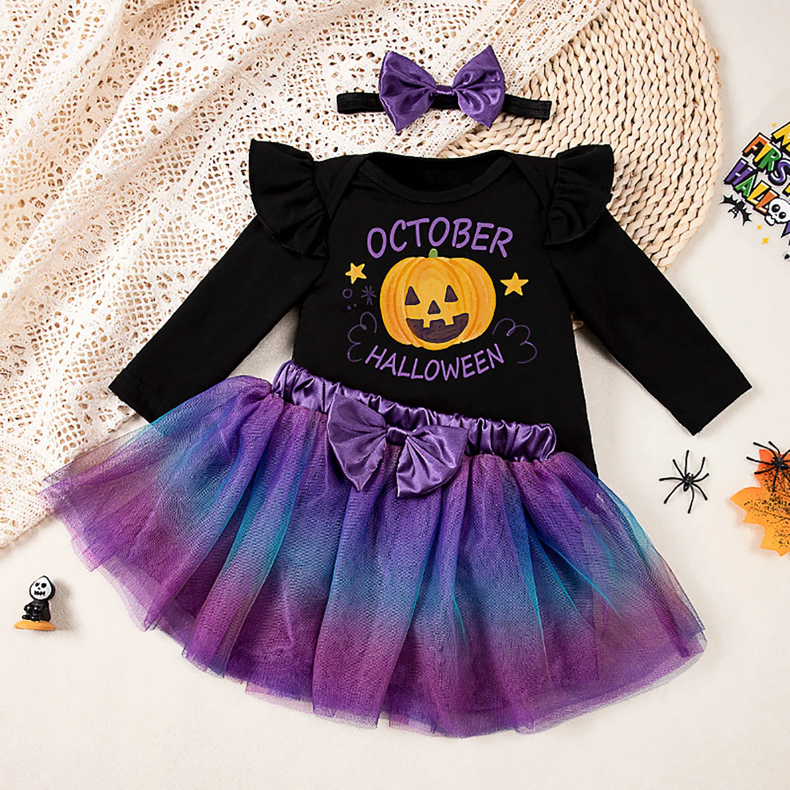 Newborn Infant Baby Girls Outfit Halloween Pumpkins Letters Prints Romper Tutu Skirt Hairband 3pcs Outfits 12 18 24Months Baby