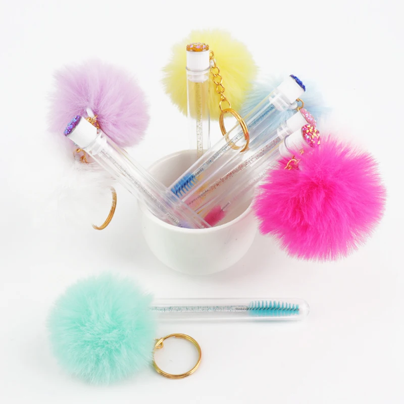 10Pcs Tube Eyelash Brushes Fluffy Keychain Portable Glitter Handle Spoolie Mascara Wands Eyelash Extension Eyebrow Makeup Tools