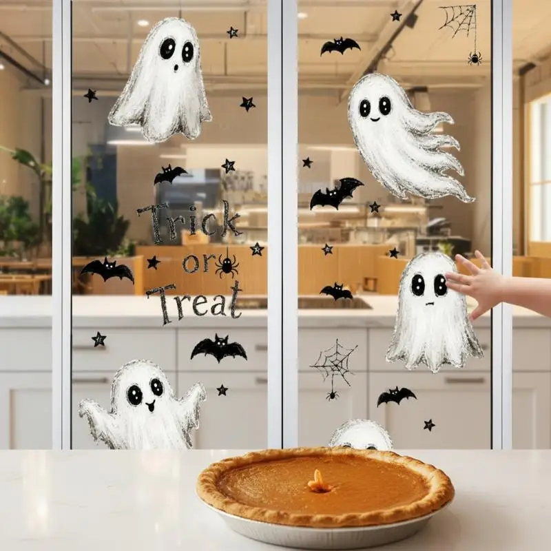Halloween Window Clings Cute Ghost Bat Spider Patterns Dual Side Same Color For Home Shop Halloween Party Decor view 5