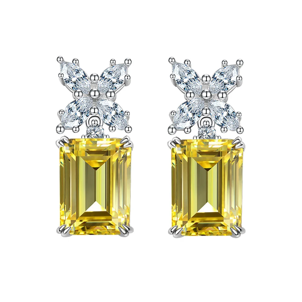 Fashionable and Versatile Rectangular Car Flat 7 * 9mm Yellow Diamond Earrings for Women 925 Sterling Silver 