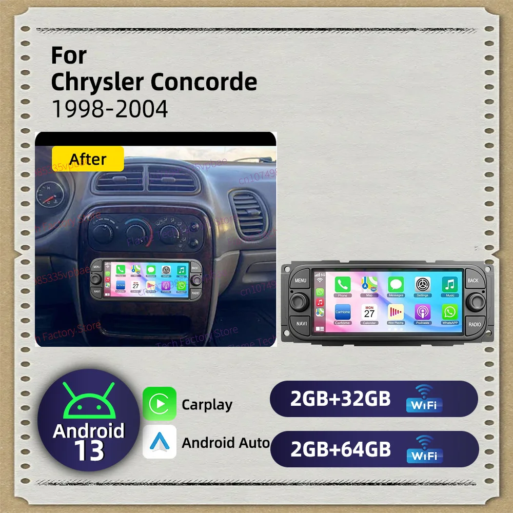 Autoradio Inalámbrico Carplay de 6.86 Pulgadas, Radio 1 Din, Unidad Principal GPS, Estéreo Android 13, Sistema Multimedia para Automóvil, para Chrysler Concorde 1998-2004