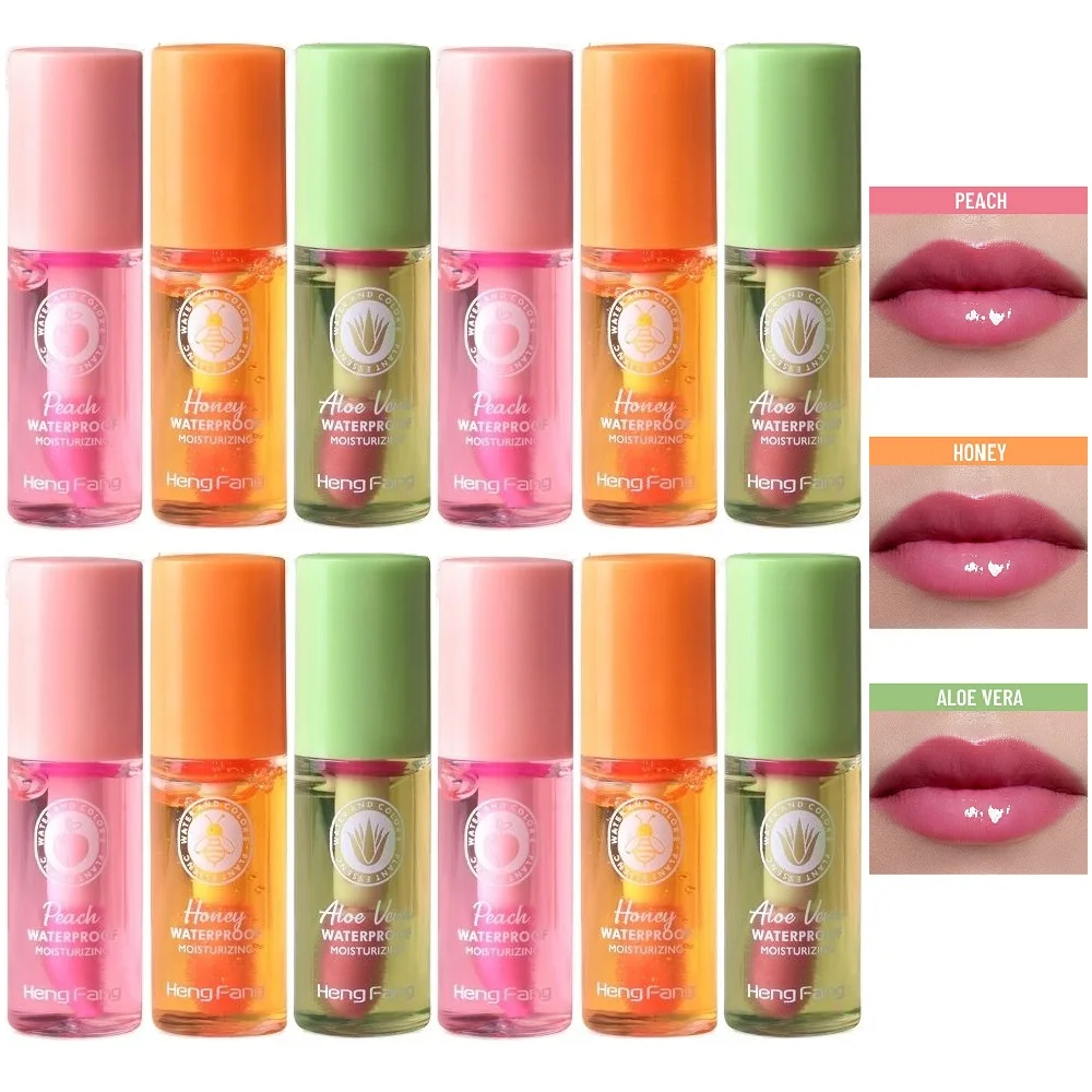 Mini Hidratante Cor Mudar Lip Gloss, duradouro, batom líquido impermeável, Aloe Vera, pêssego, mel, óleo cosmético, 12pcs por lote