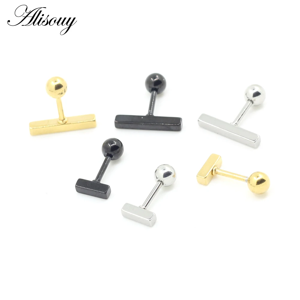 Alisouy 2pc Stainless Steel Simple 6/8/10/12/14mm Square Bar Earrings for Women Rose Gold Color Geometric Stud Earrings Jewelry