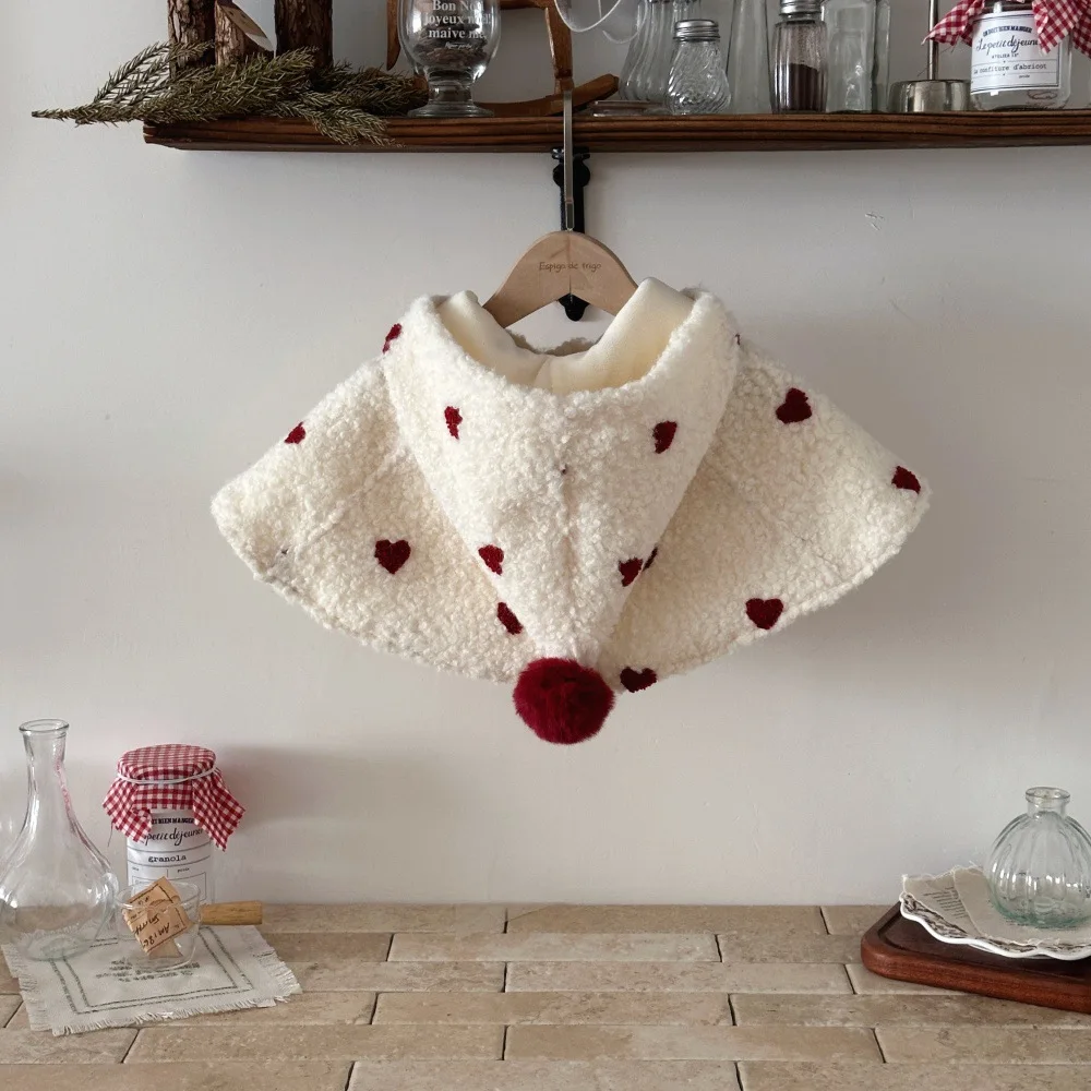 2026 Winter New  Girls Clothes Full Of  Heart Print Girl Cloak Thicken Hooded Cloak Kids Girls Outfit