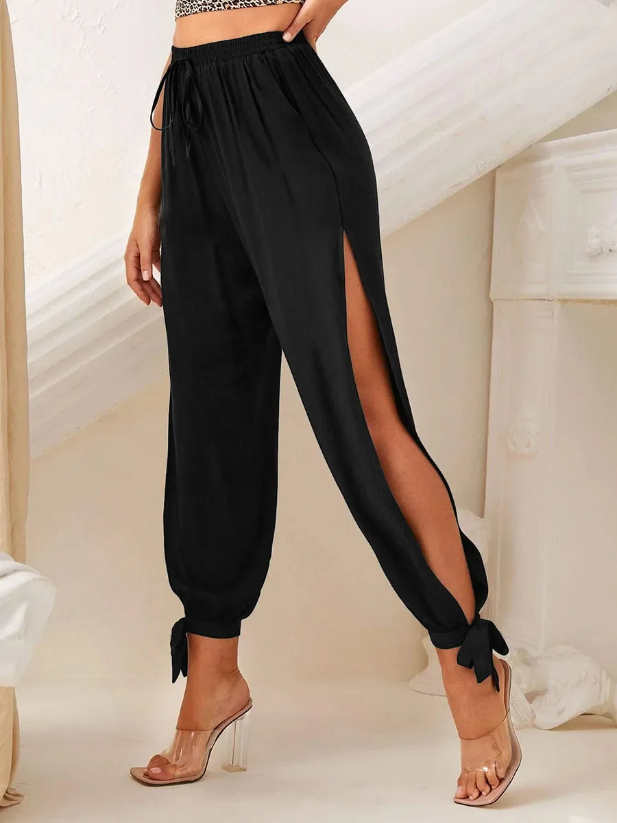Sexy High Waist Black Slit Pants Elastic Waist Linen Like Loose Harem Trousers Women Summer Boho Beach Tie Leg Bottoms