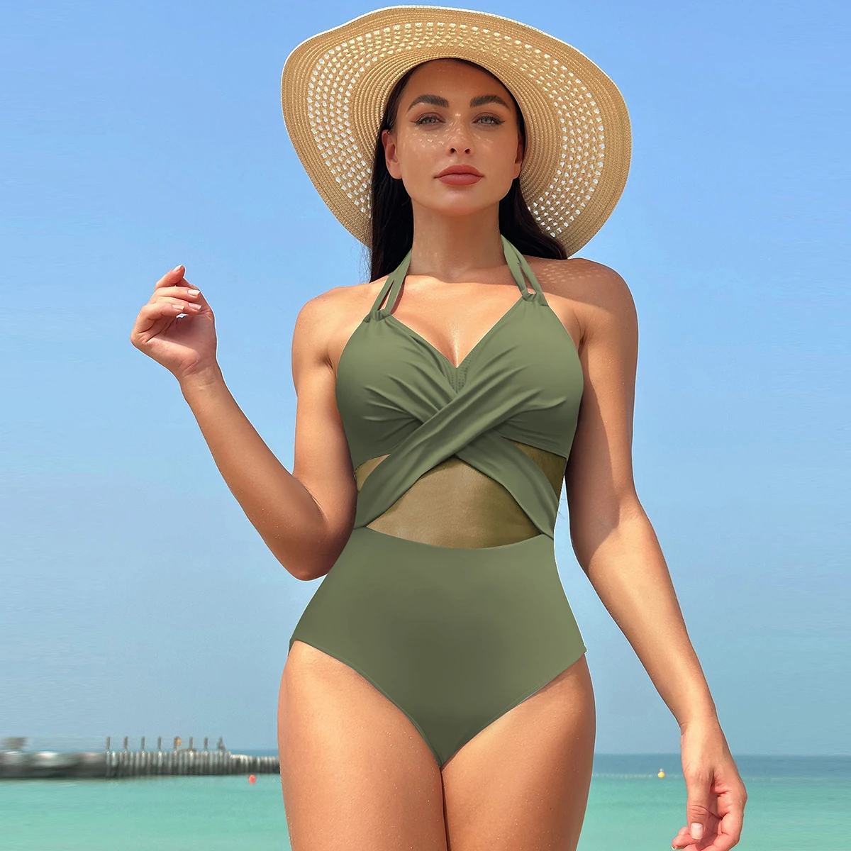 YOUDIAN The new one-piece one-piece swimsuit, net gauze splicing hollow swimsuit, sexy skinny conservative swimsuit