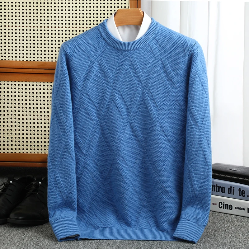 Cross-grain thickened Autumn/winter new 100% Merino wool cashmere sweater men's O-neck pullover warm bottom knit shirt top