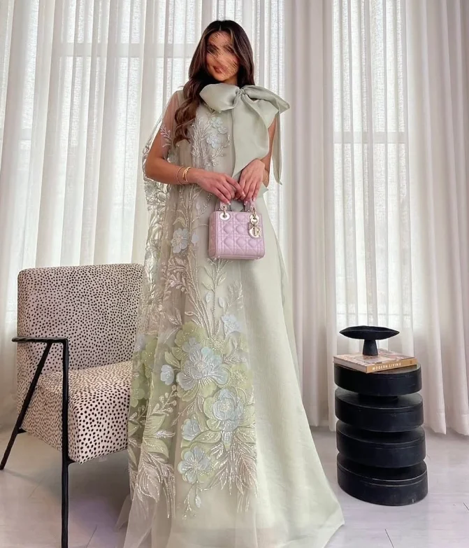 Customized High Quality Floor Length Sleeveless Bow Appliques Green Long Evening Dresses Formal Dress Women Elegant  فساتين سهرة image 3