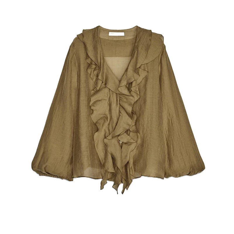 

Spring New Arrival Women's Long Sve irt Mixed Fiber V-Ne Button Decor Layered Decoration Loose Fit Commute Sle