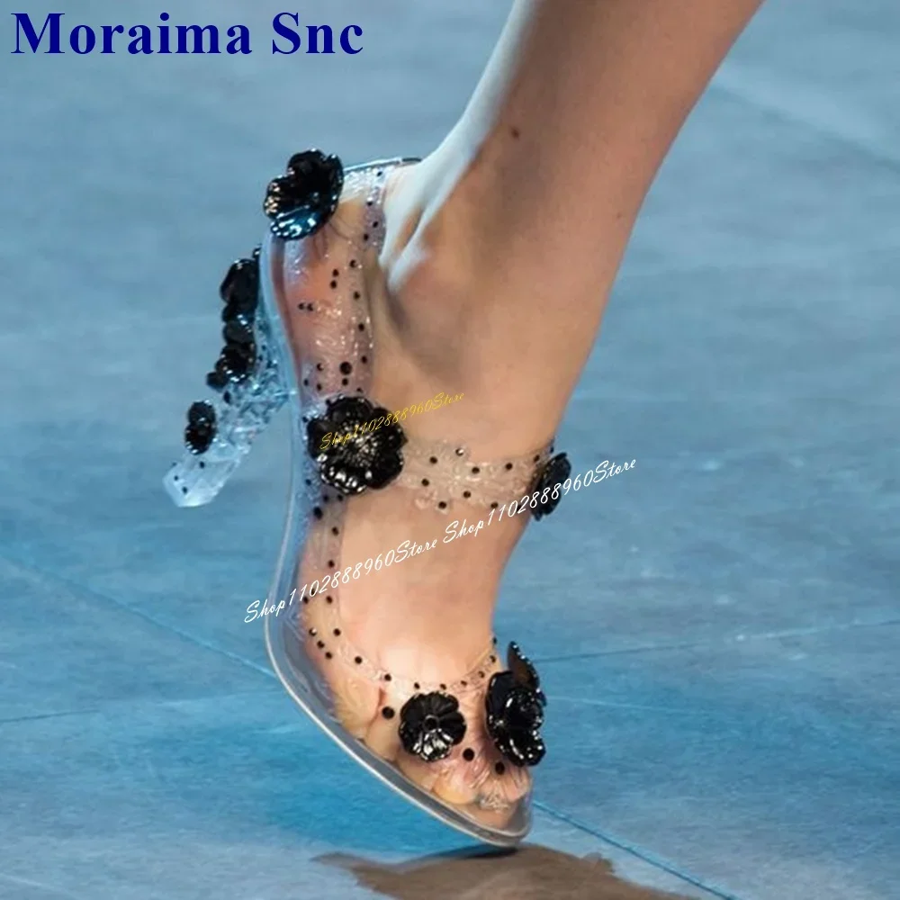 

Runway Transparent PVC Flower Decor Pumps Strange Style Heel Women Shoes Button Strap Round Toe 2024 Fashion Zapatos Para Mujere