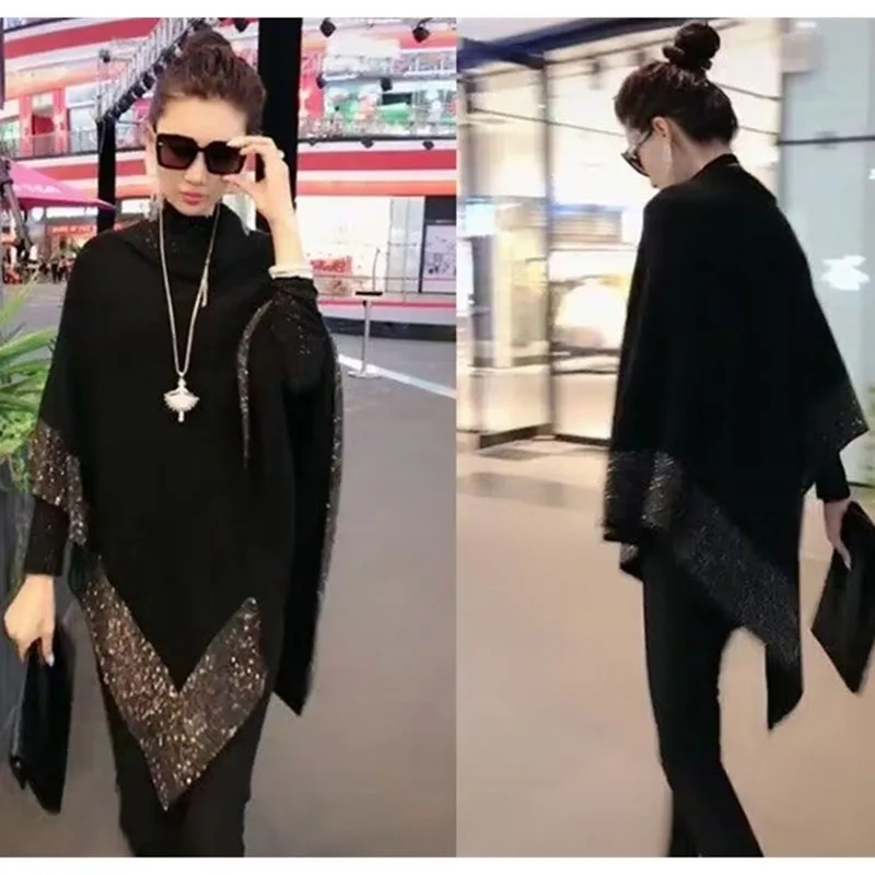 

Spring Autumn Ladies Medium Long Styles Jumper Knitted Shawl Advanced Female Pullover Sweater Women New Diamond Encrusted Cloak