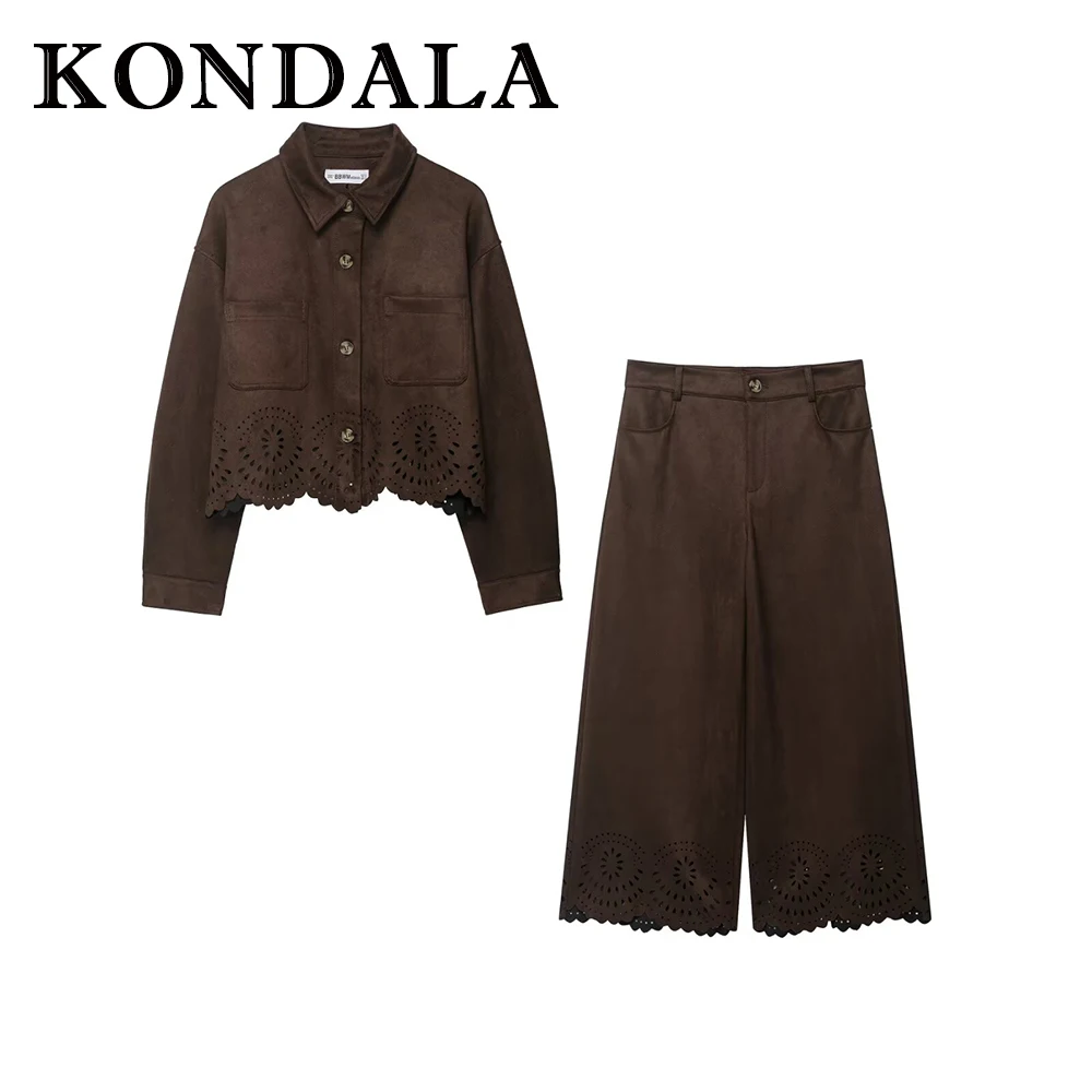 

KONDALA 2025 женский зимний повседневный коричневый ажурный костюм, однобортная куртка с карманами + широкие брюки на молнии, модный костюм