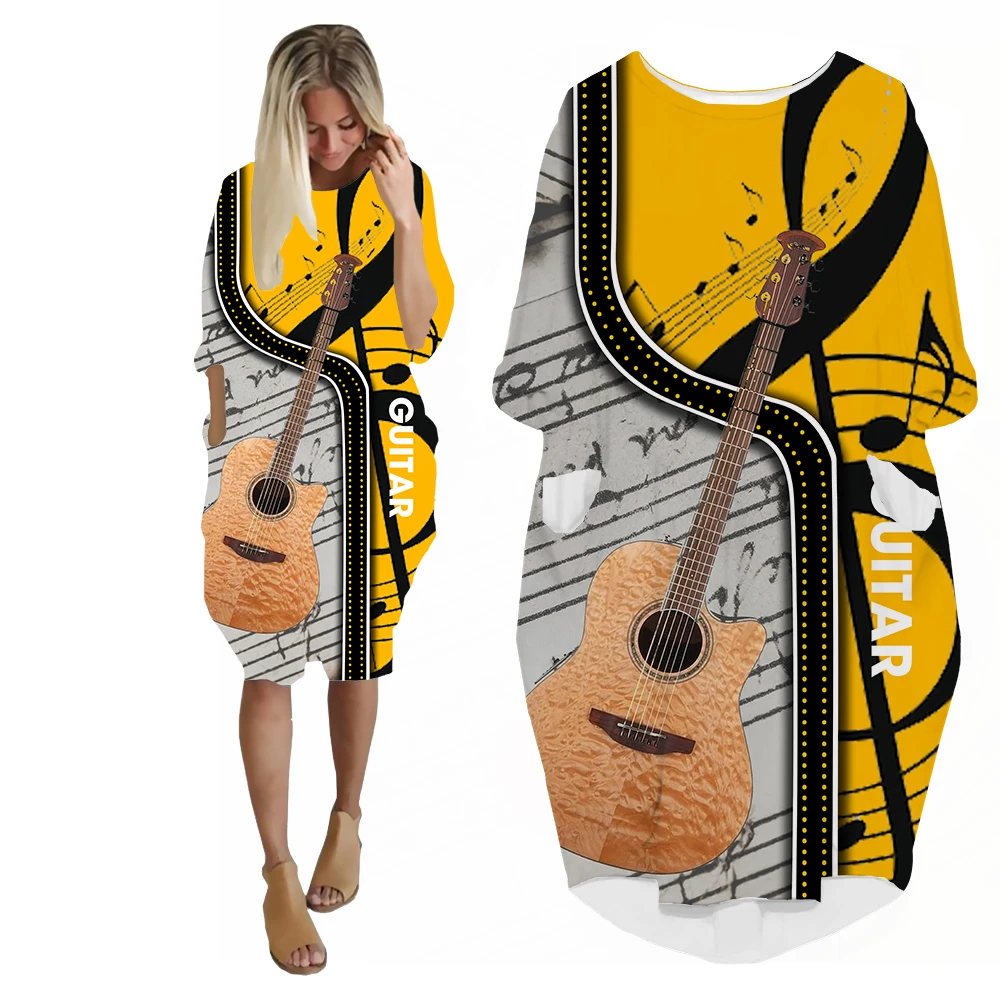 SONSPEE 3D Printing Musical Notes Women's Dress Street Guitar Rock Pockets Skirt Personality Long Sleeve Hip Hop Music Fan Gown