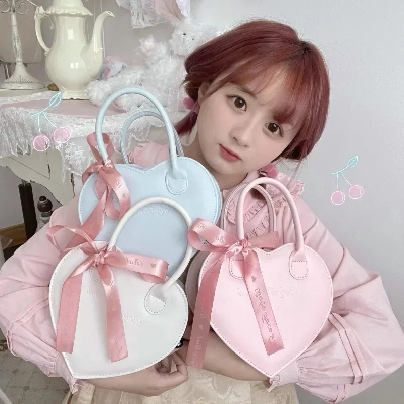 Sweet Teenage Girls Heart Bag Elegant Ribbons PU Lolita Bag Candy Color JK Uniform Crossbody Bag Large Capacity Shoulder Bag