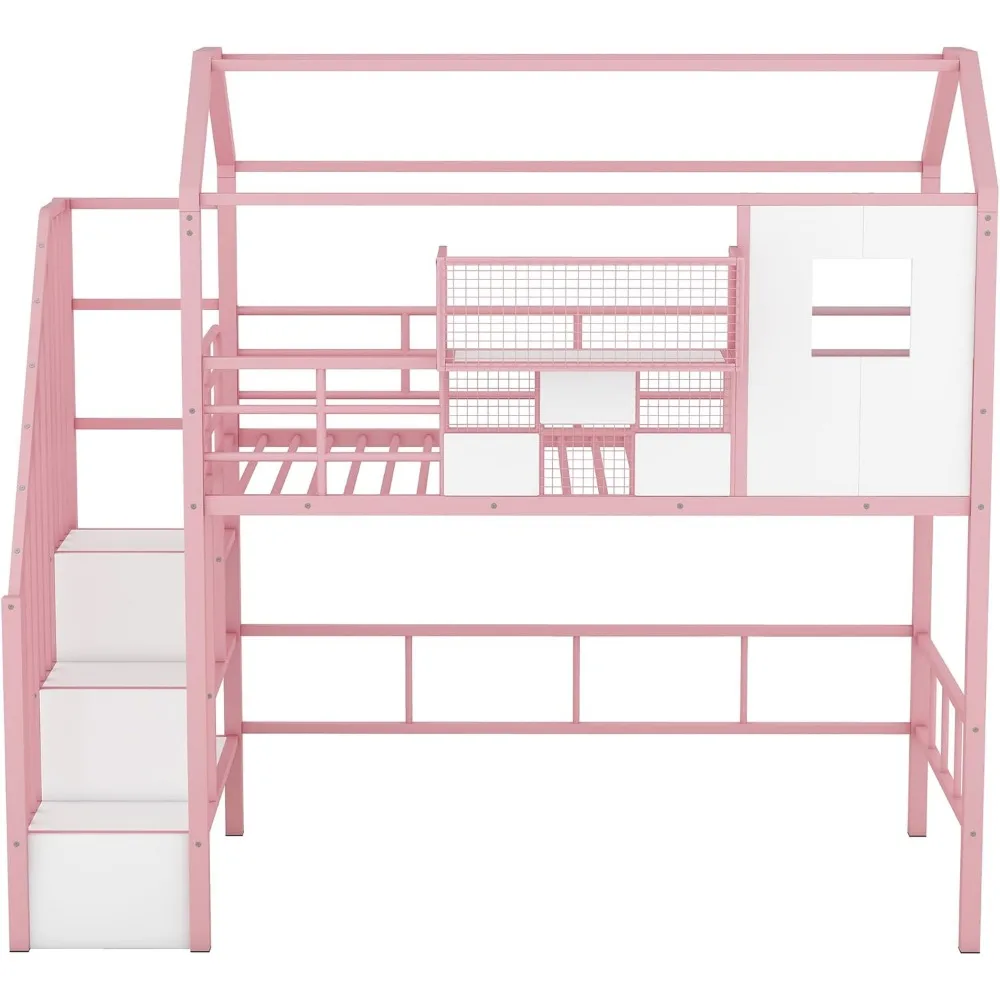 Twin Size House Loft Bed with Stairs and Storage Box, Cute Metal Loft Bed for Kids Bedroom, No Noise, Pink image 5