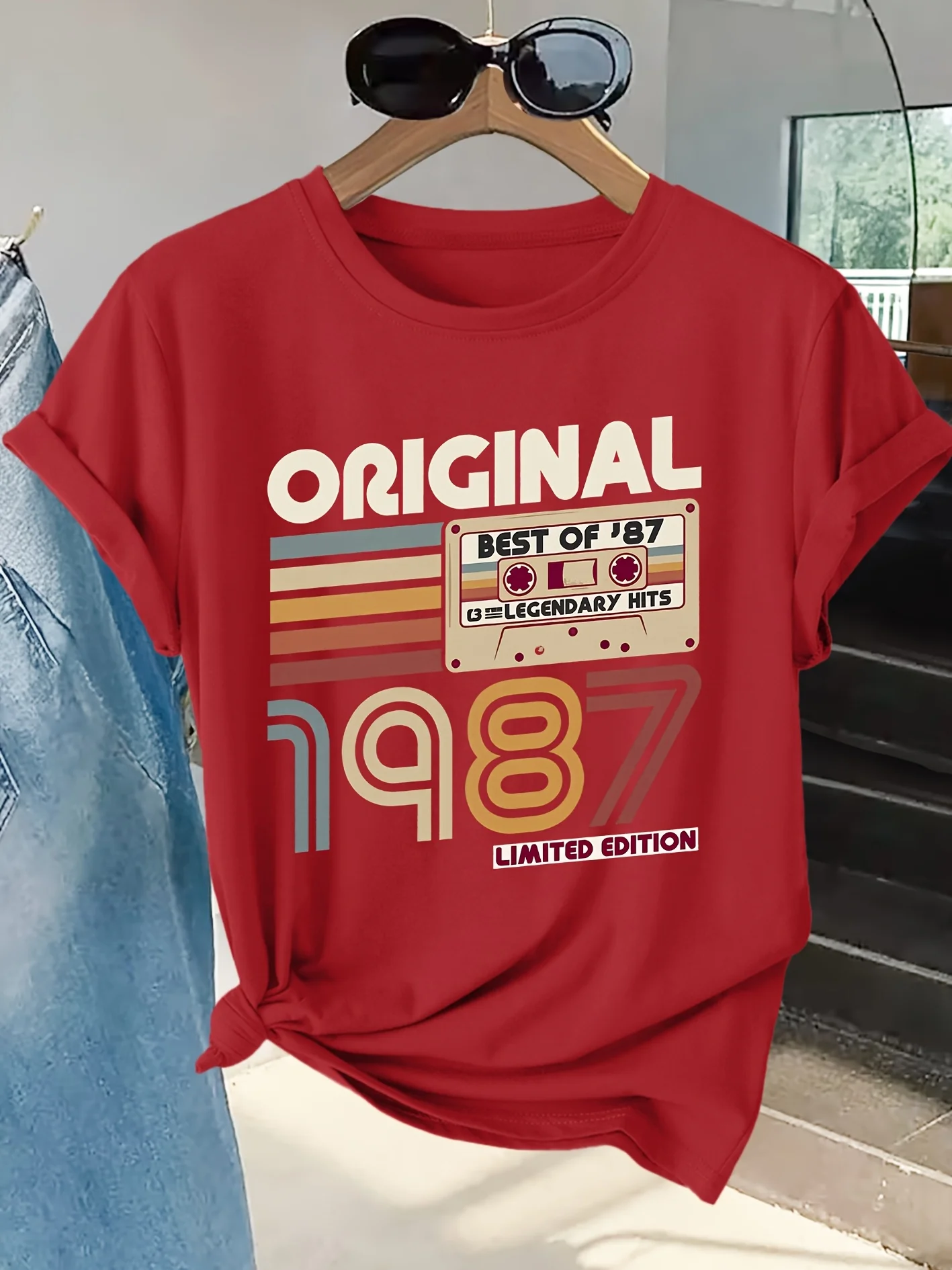 Vintage 1987 Cassette Print Round Neck Skin Friendly Soft Summer Personality Quirky Casual Trend Daily Women's Streetwear