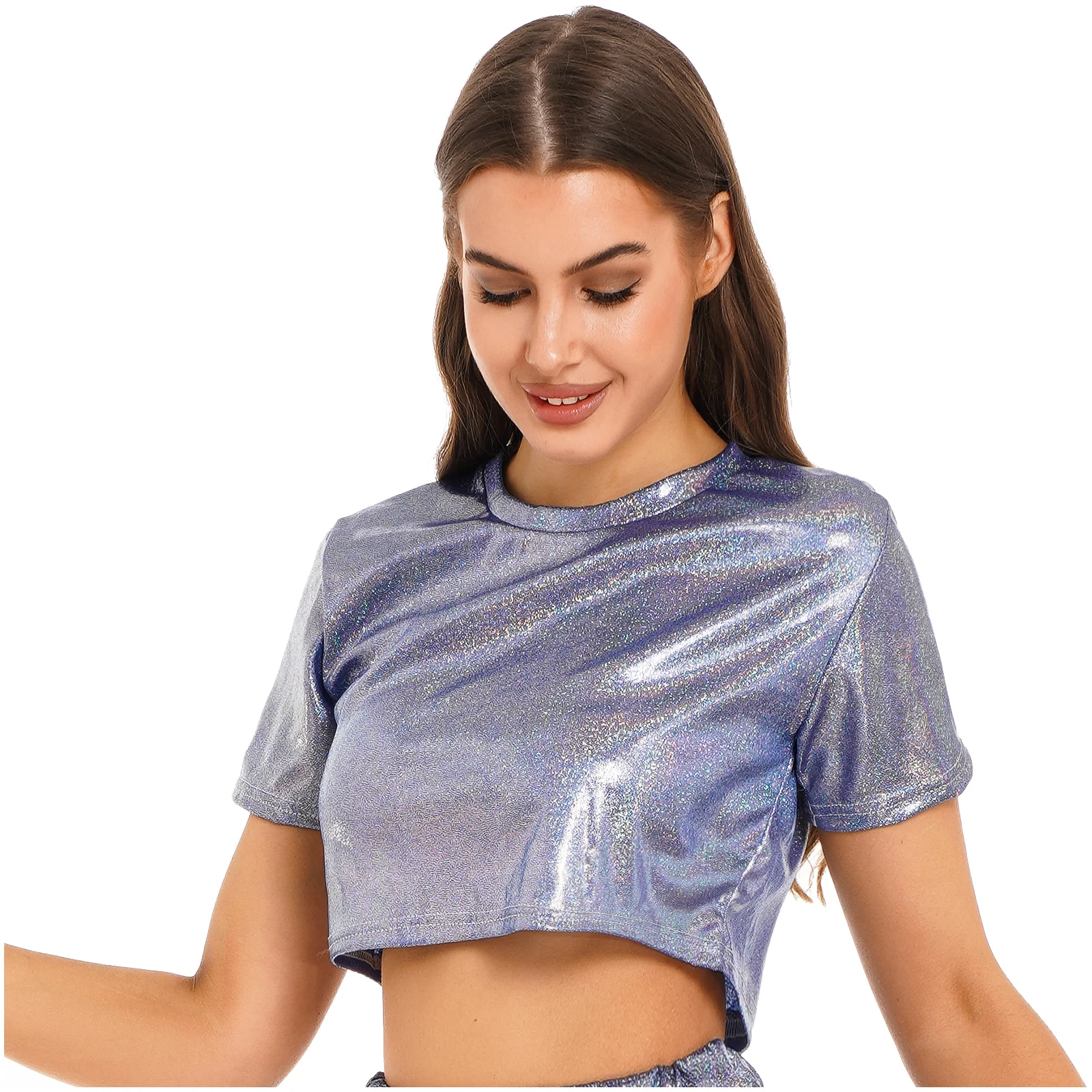 Womens Short Sleeve Metallic Crop Top T-shirt for Jazz Dance Pole Dancing Stage Performance Music Festival Clubwear Streetwear