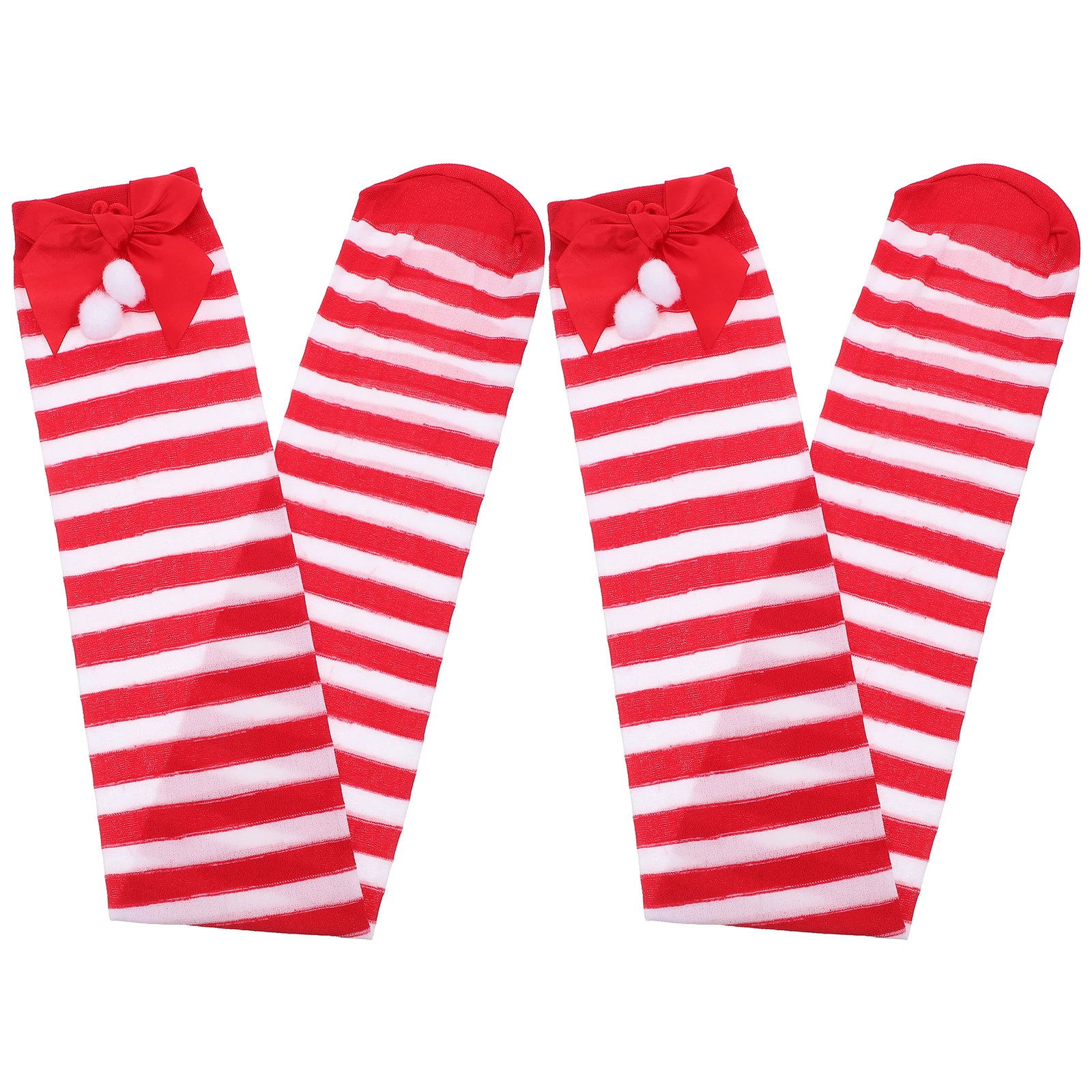 

Christmas Long Socks Red White Striped Bowknot Decor Shaping Warm Stocking Sweet Socks for Girl Party Cosplay